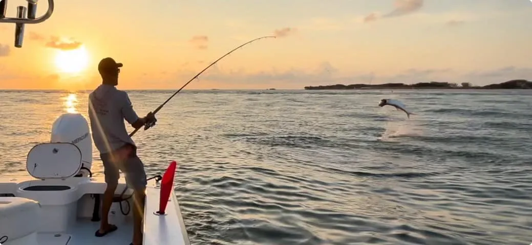 Fisherman at sunset on boat